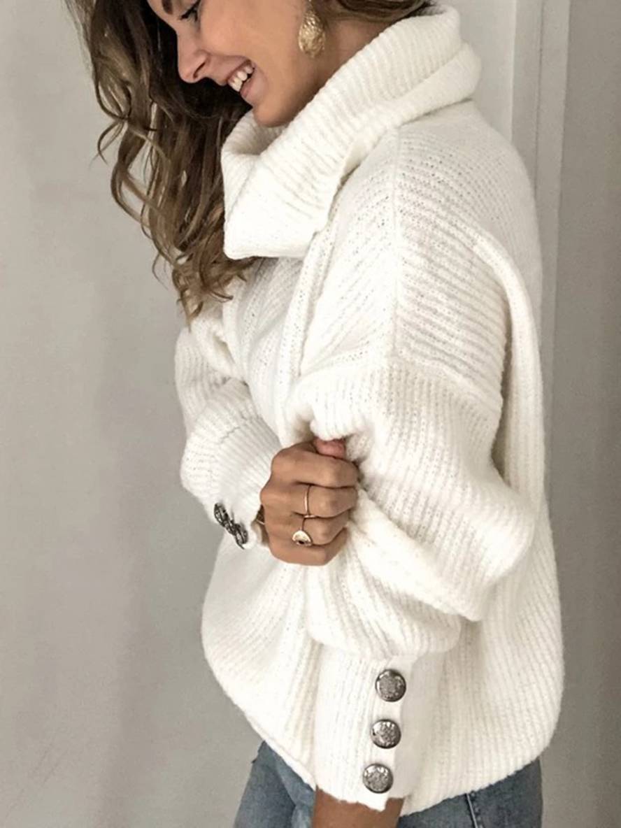 Levoire | Pull Uni Boutons Col Haut Manches Longues Femmes Mode Décontractée Oversized Relaxed Hauts D'Hiver