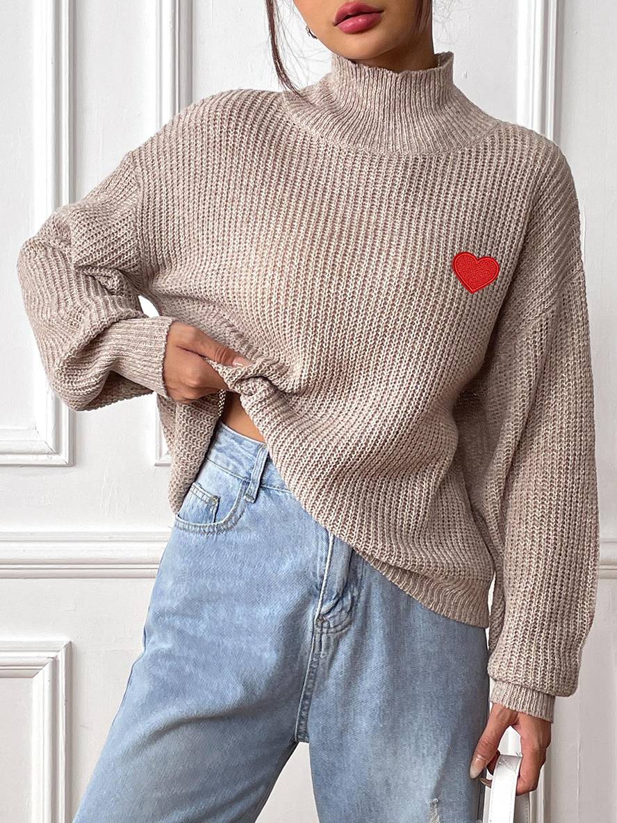 Levoire | Pull En Tricot Uni Avec Cœur Brodé, Col Haut, Manches Ballon, Femme, Élégant, Décontracté, Doux, Casual, Hauts