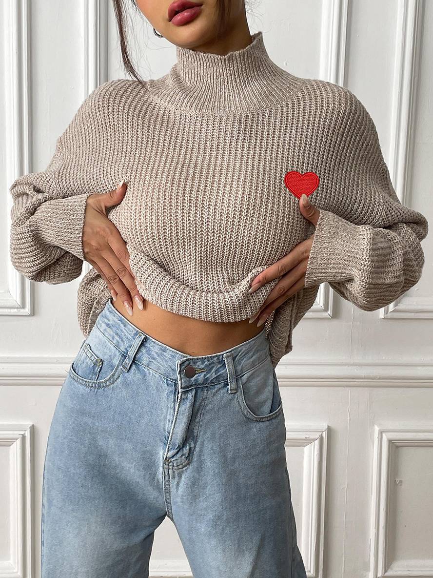 Levoire | Pull En Tricot Uni Avec Cœur Brodé, Col Haut, Manches Ballon, Femme, Élégant, Décontracté, Doux, Casual, Hauts