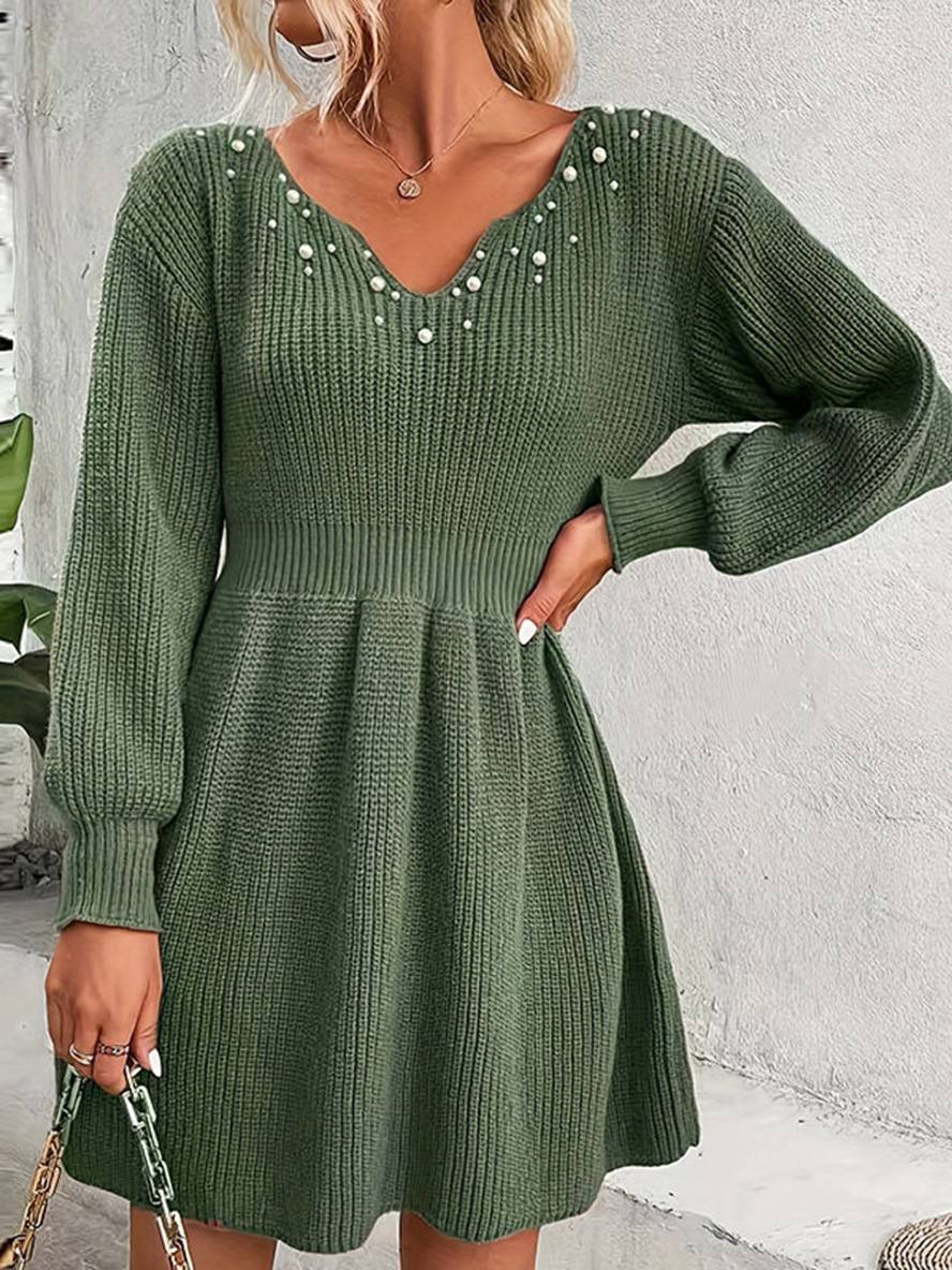 Levoire | Robe Pull Midi Longue Unie Col V Perles Manches Bouffantes Manches Longues Femme Élégante Mode De Loisirs