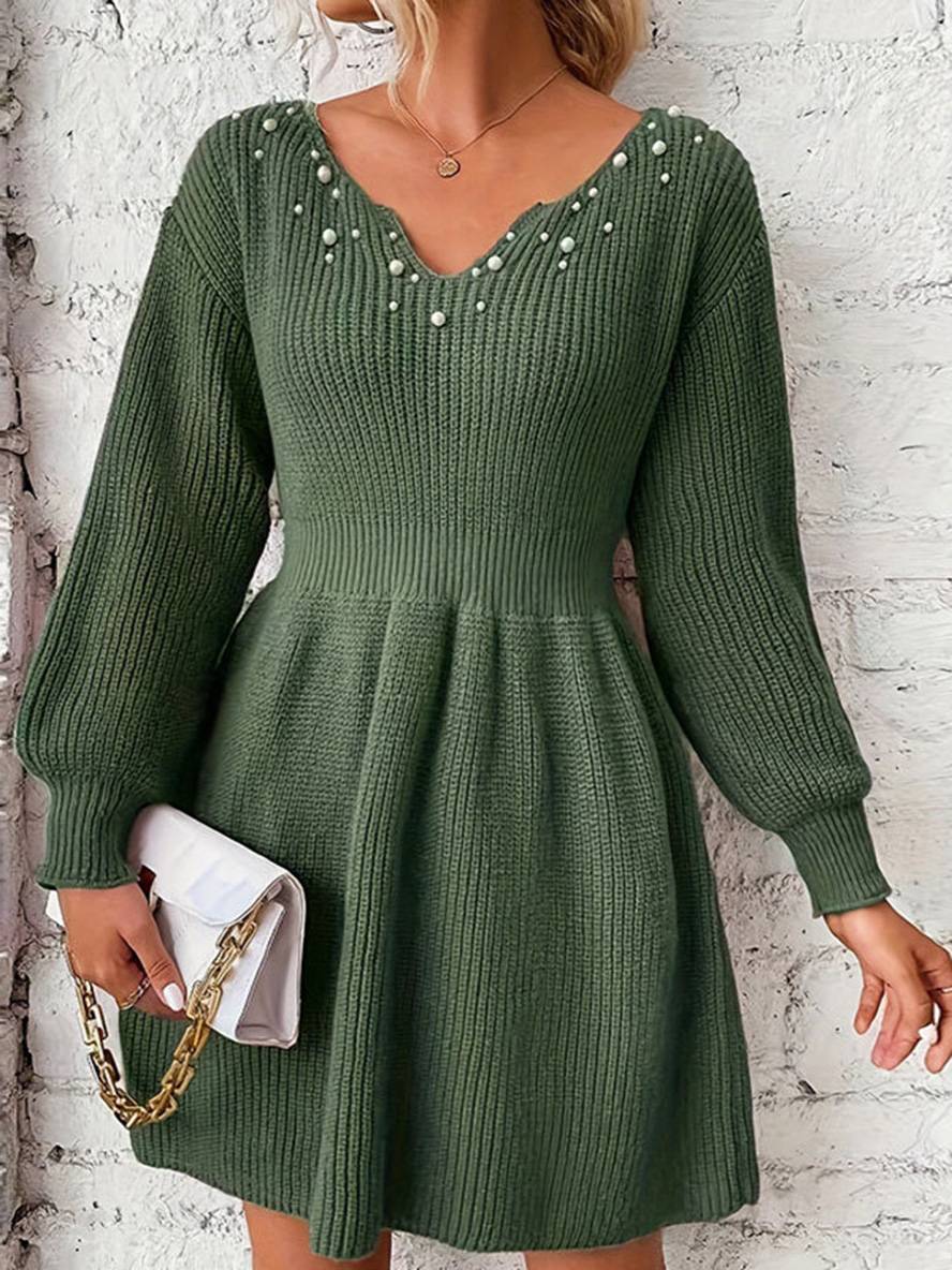 Levoire | Robe Pull Midi Longue Unie Col V Perles Manches Bouffantes Manches Longues Femme Élégante Mode De Loisirs