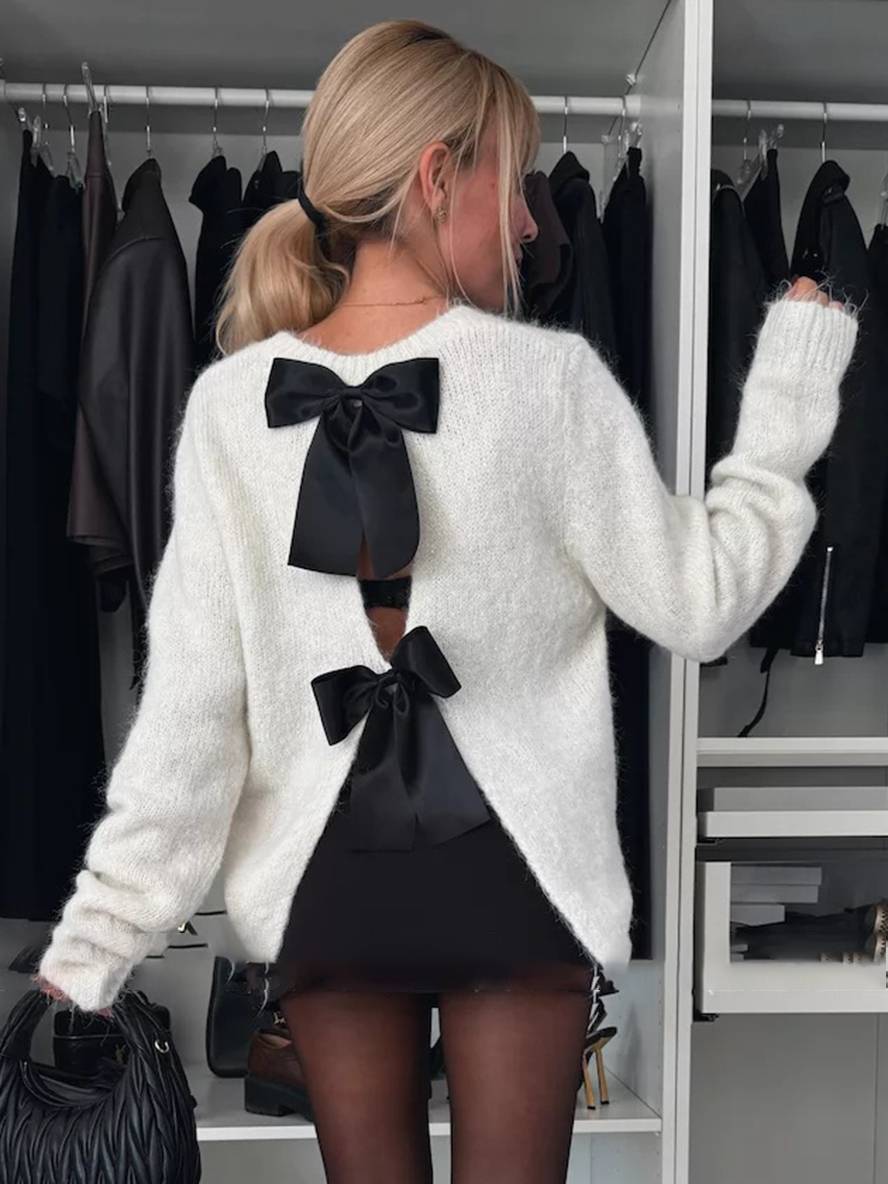 Levoire | Pull Dos Nu Nœud Col Rond Manches Longues Femmes Élégant Décontracté Doux Casual Hauts Beige