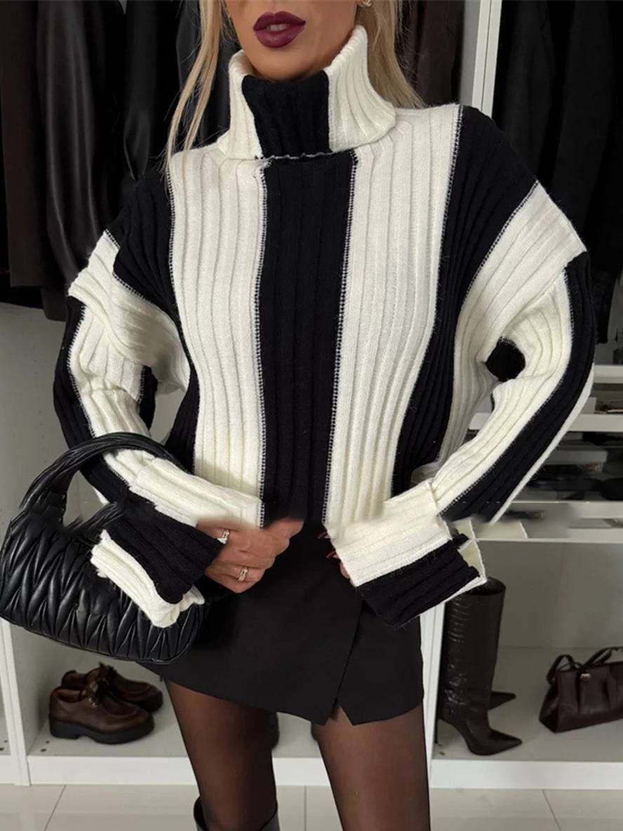 Levoire | Pull Rayé Col Montant Manches Longues Femmes Élégant Décontracté Mode Casual Hauts Noir