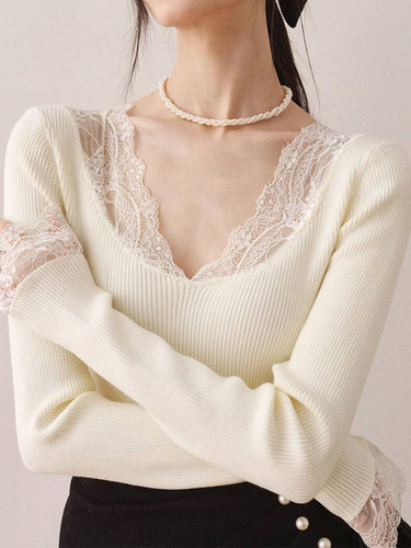 Levoire | Pull À Col En V Avec Dentelle Manches Longues Uni Femme Élégant Décontracté Tops