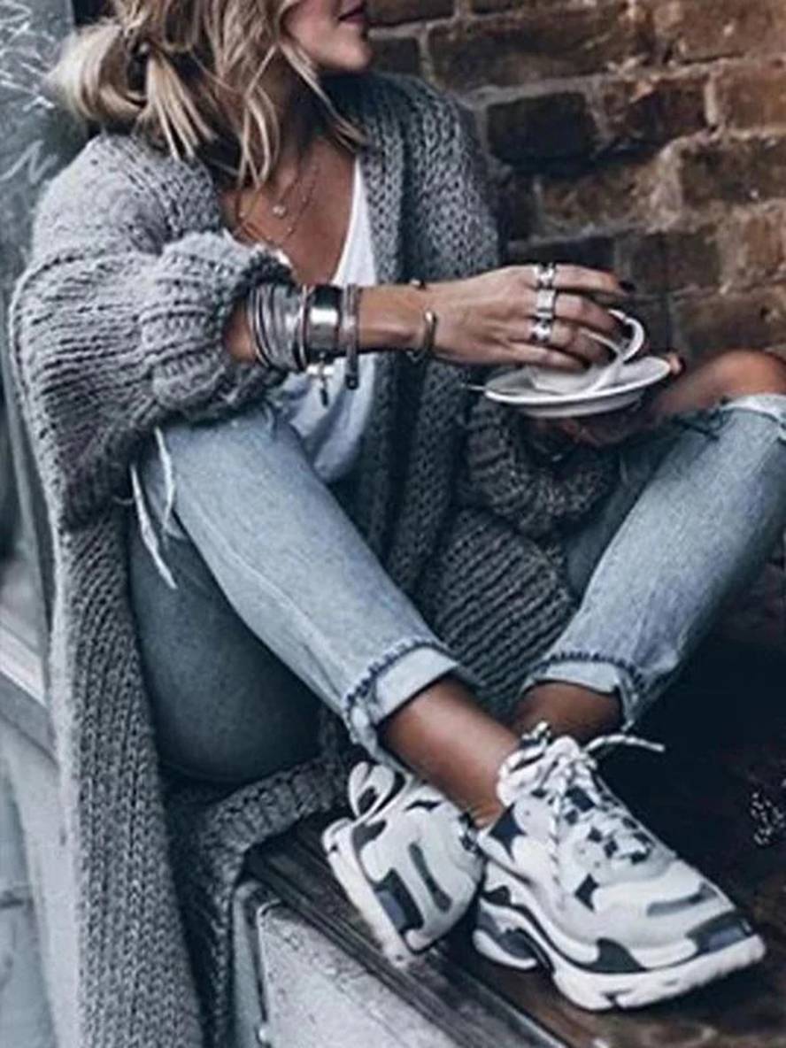 Levoire | Cardigan Long En Tricot Épais Uni À Manches Longues Pour Femmes Oversize Gris