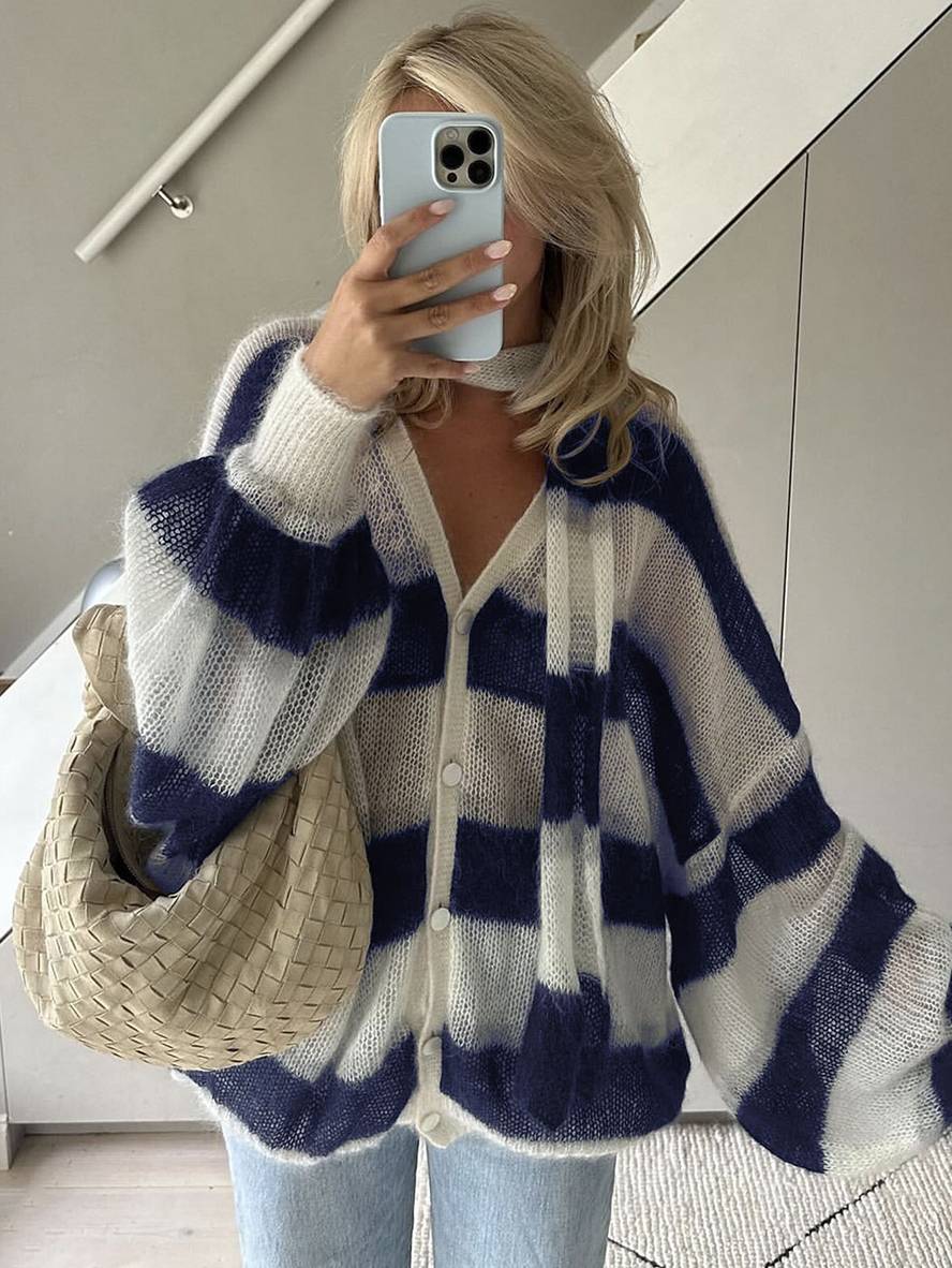 Levoire | Pull-Over Cardigans Rayé Boutonnage Poches Col En V Manches Longues Femme Élégant Décontracté Large Bleu TAILLE UNIQUE
