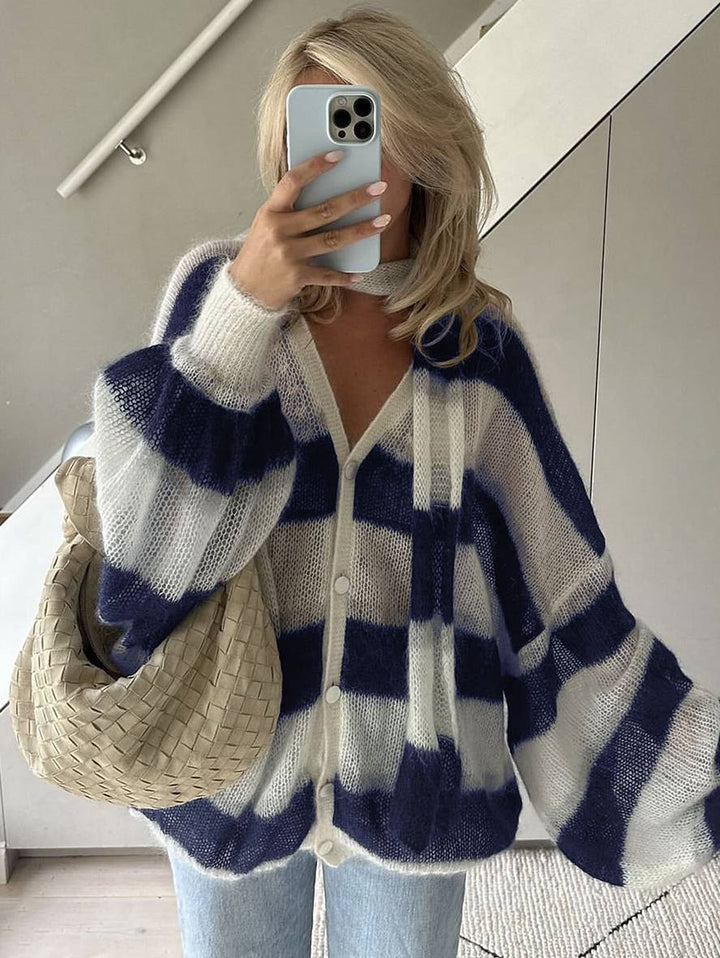 Levoire | Pull-Over Cardigans Rayé Boutonnage Poches Col En V Manches Longues Femme Élégant Décontracté Large Bleu TAILLE UNIQUE