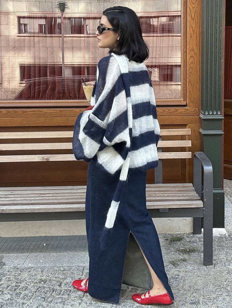 Levoire | Pull-Over Cardigans Rayé Boutonnage Poches Col En V Manches Longues Femme Élégant Décontracté Large