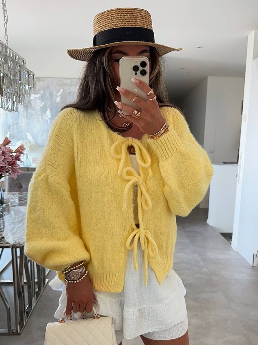 Levoire | Cardigan En Maille Épaisse Unie Avec Nœud, Col Rond, Épaules Tombantes, Élégant, Décontracté, Pull Ample Jaune