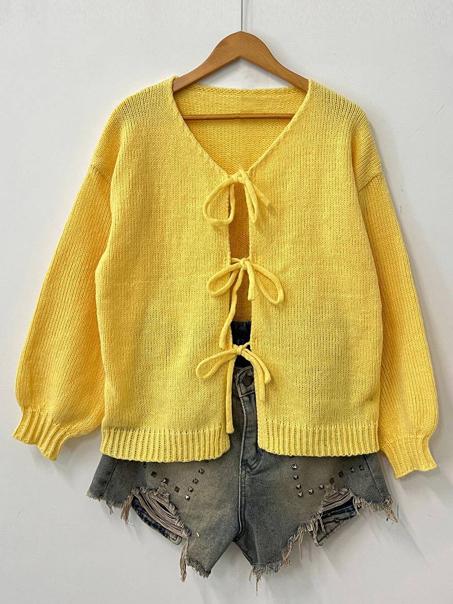 Levoire | Cardigan En Maille Épaisse Unie Avec Nœud, Col Rond, Épaules Tombantes, Élégant, Décontracté, Pull Ample
