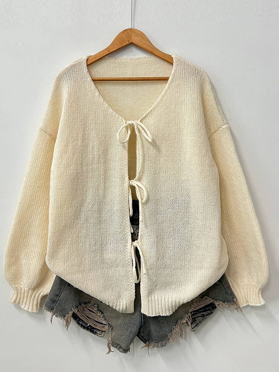 Levoire | Cardigan En Maille Épaisse Unie Avec Nœud, Col Rond, Épaules Tombantes, Élégant, Décontracté, Pull Ample
