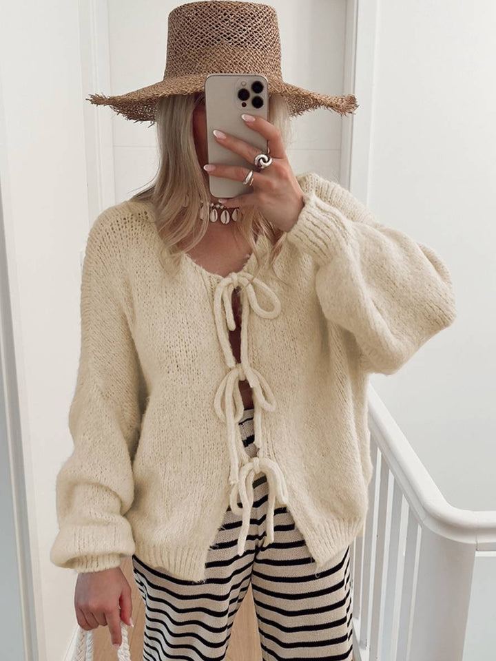 Levoire | Cardigan En Maille Épaisse Unie Avec Nœud, Col Rond, Épaules Tombantes, Élégant, Décontracté, Pull Ample