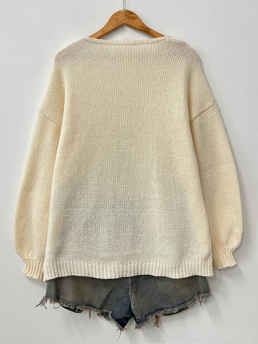 Levoire | Cardigan En Maille Épaisse Unie Avec Nœud, Col Rond, Épaules Tombantes, Élégant, Décontracté, Pull Ample