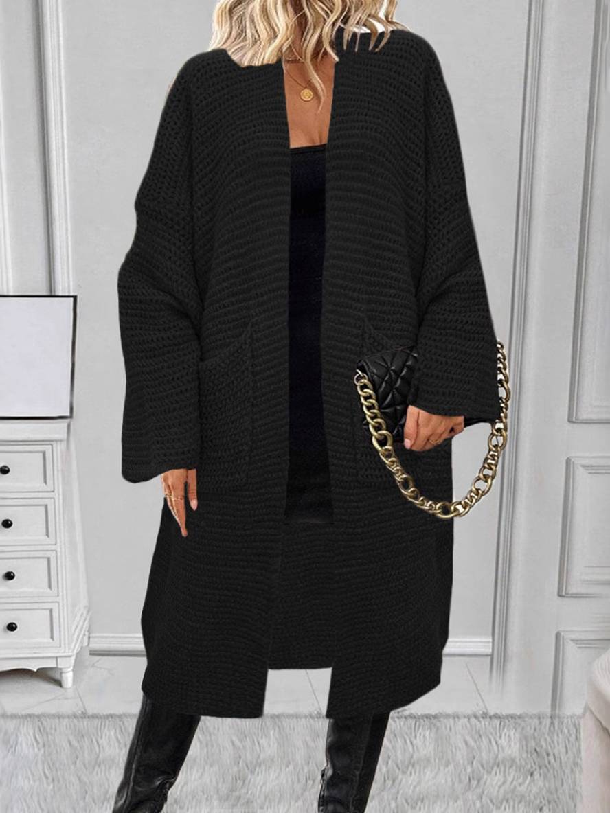 Levoire | Cardigan En Tricot Épais À Col En V Avec Poches, Épaules Tombantes, Manches Évasées, Femme, Décontracté, Pull Oversized Noir