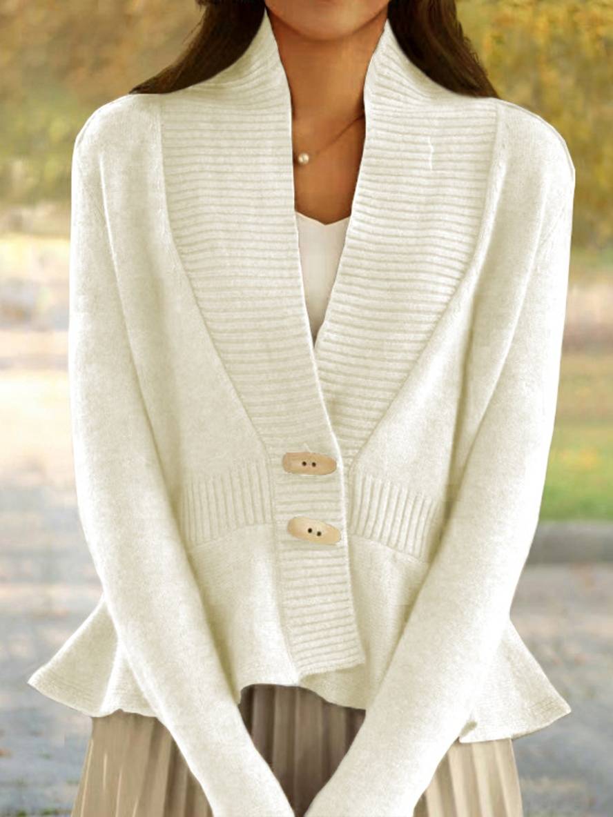 Levoire | Cardigans Pull Uni Couleur V-Découpe Peplum Avec Volants Manches Longues Femmes Élégant Décontracté Mode Casual Blanc UNE TAILLE