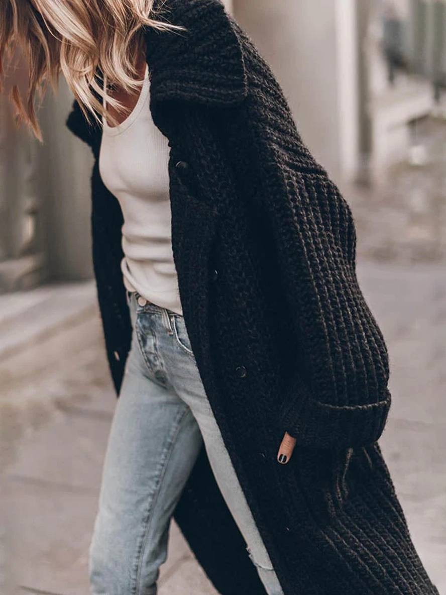 Levoire | Pull-Over Cardigans Unicolor Bouton Poches Col Revers Manches Longues Femmes Décontracté Ample Taille Oversized Veste