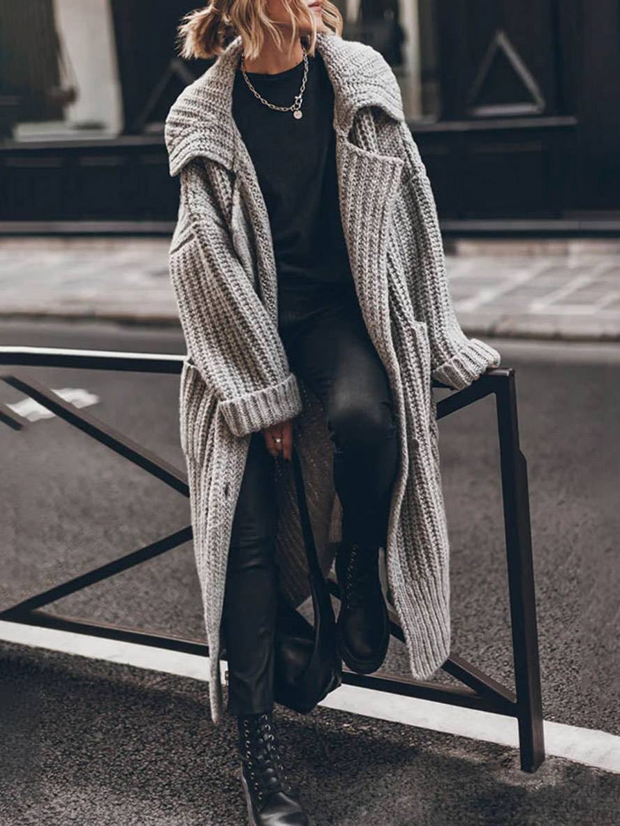 Levoire | Pull-Over Cardigans Unicolor Bouton Poches Col Revers Manches Longues Femmes Décontracté Ample Taille Oversized Veste Gris