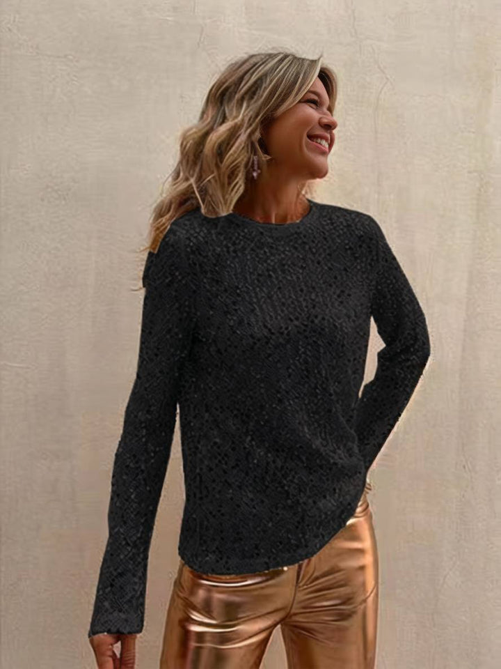 Levoire | Uni Brillant Sequins Col Rond Manches Longues Femme Élégante Décontractée Mode Chemisier Noir