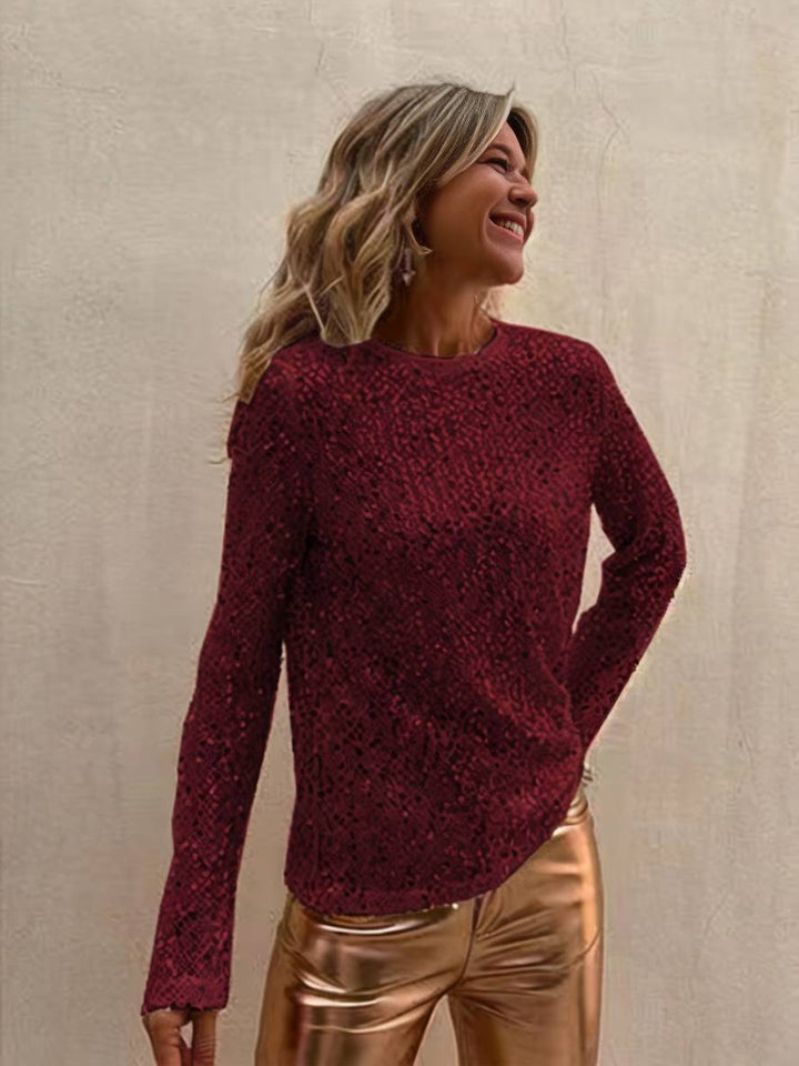 Levoire | Uni Brillant Sequins Col Rond Manches Longues Femme Élégante Décontractée Mode Chemisier Bordeaux