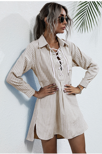 Levoire | Femmes Col Revers Rayé Mi-Long Chemise