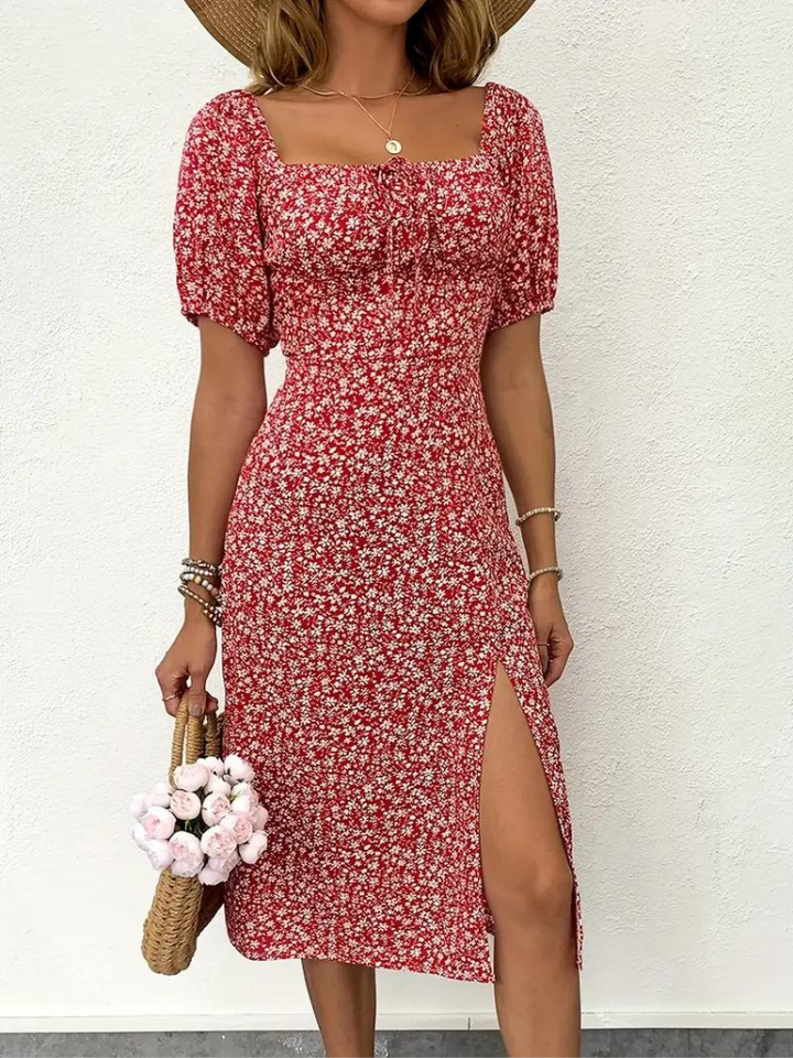 Levoire | Robe À Fleurs Midi À Manches Puff Pour L'Été