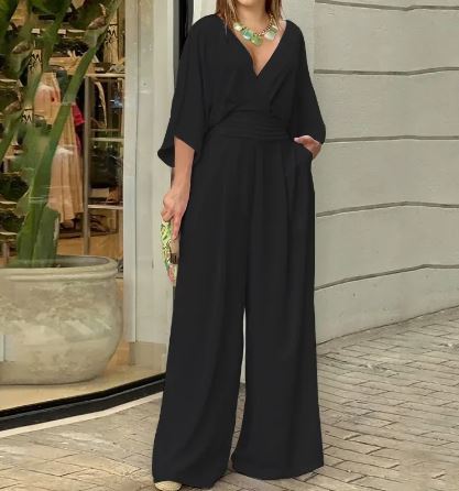 Levoire | Combinaison Élégante Avec Jambes Larges Couleur Unie Noir