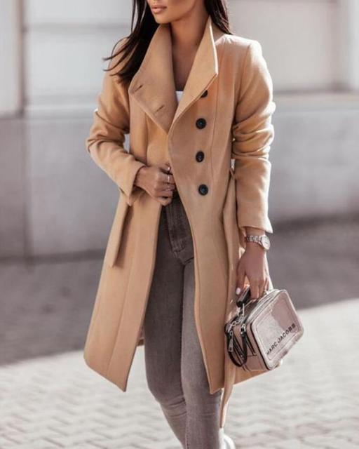 Levoire Langer Manteau Femme Avec Boutonnière Devant Et Ceinture Beige