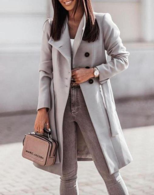 Levoire Langer Manteau Femme Avec Boutonnière Devant Et Ceinture Gris