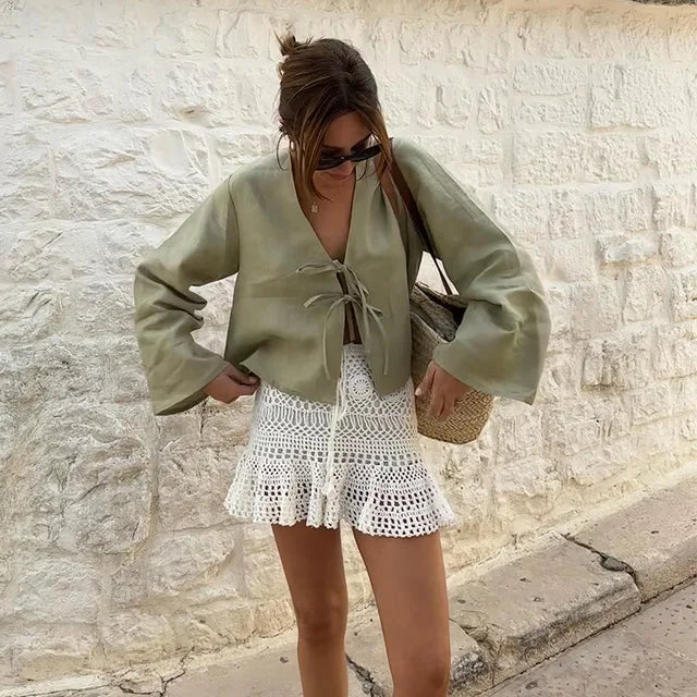 Levoire | Chemise En Lin Avec Des Détails À Lacets Vert foncé