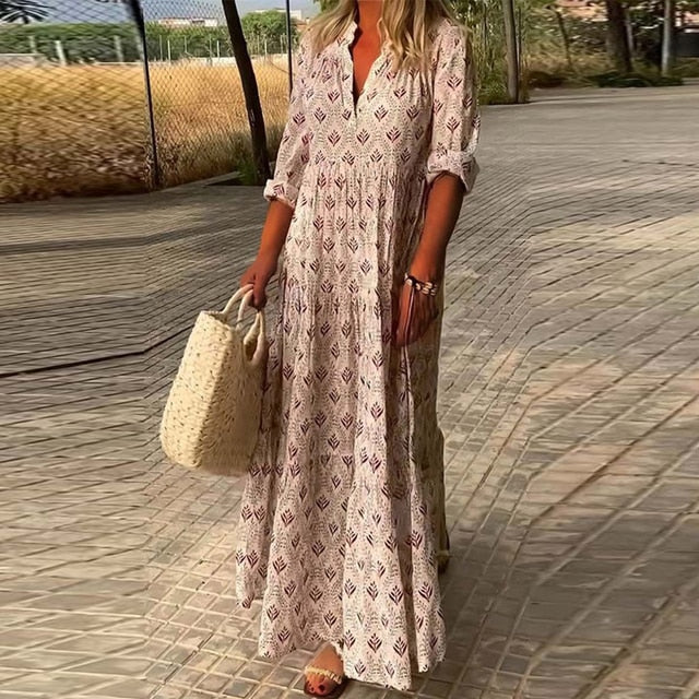 Levoire | Robe Longue Décontractée À Manches Longues Avec Décolleté En V Rosa