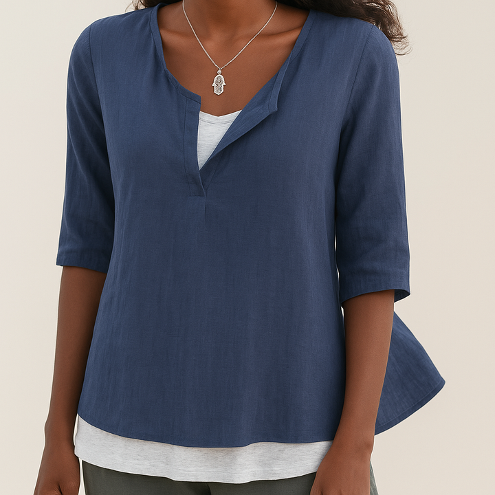 Levoire | Chemise En Coton Pour Femmes Elegante Col En V Et Manches 3/4 Bleu