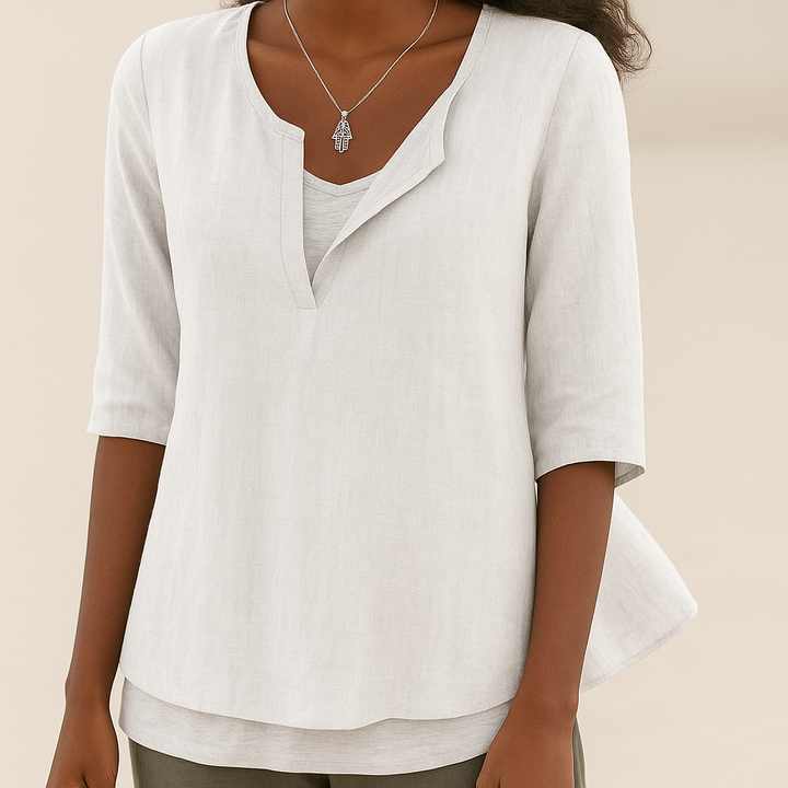 Levoire | Chemise En Coton Pour Femmes Elegante Col En V Et Manches 3/4 Blanc