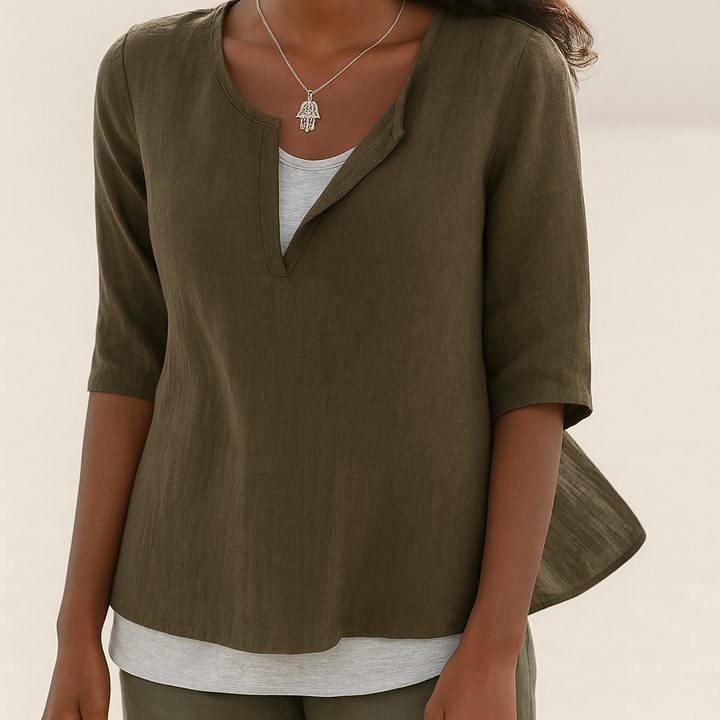 Levoire | Chemise En Coton Pour Femmes Elegante Col En V Et Manches 3/4 Brun