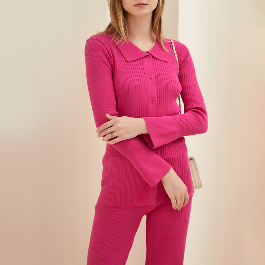 Levoire | Veste À Capuche Deux Pièces En Tricot Avec Chemise À Boutons Et Pantalons Amples Rosa Une taille