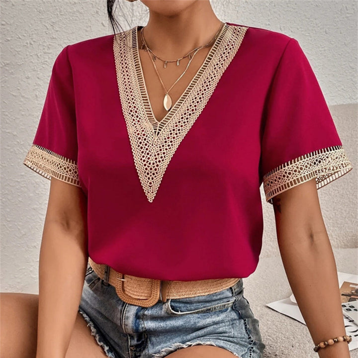 Levoire | T-shirt femme à col en V en dentelle slim fit Bordeaux