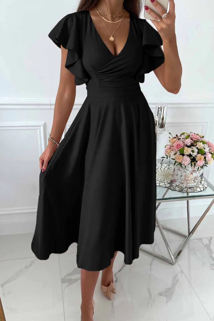 Levoire | Robe Midi Élégante Avec Manches Papillon Noir