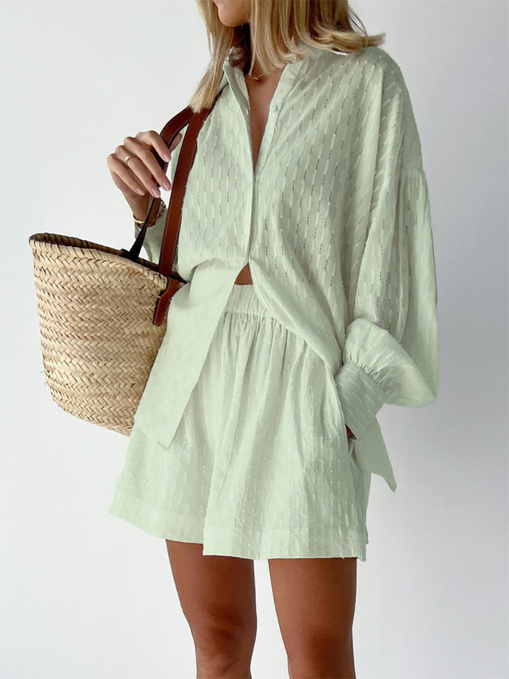 Levoire | Set Ord Femme Chemise À Boutons À Manches Longues Et Short Court Set Pour L'Été Vert