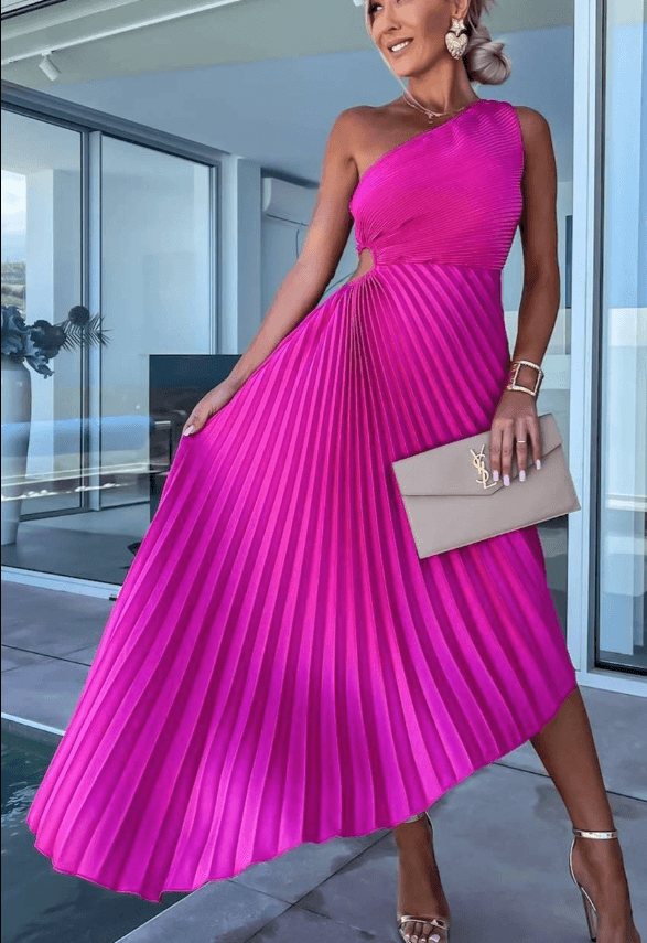 Levoire | Robe D'Été Maxi À Décolleté Plissé Avec Une Épaule Rosa
