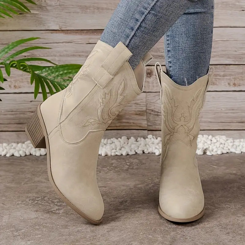 Levoire | Bottes De Cowgirl À Talon Carré Mi-Mollet Pour Femmes Beige Blanc