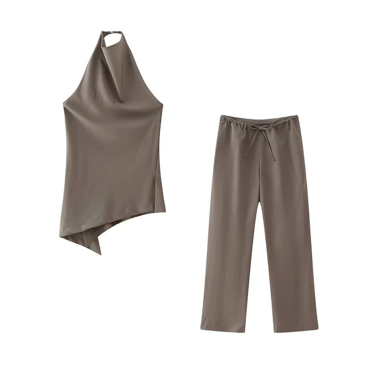 Levoire | Ensemble Élégant À Deux Pièces, Haut Asymétrique Et Pantalon Large Braun