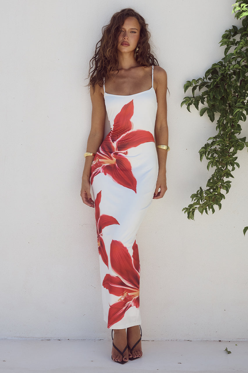 Levoire | Robe Bodycon À Motif Floral Blanc-Rouge