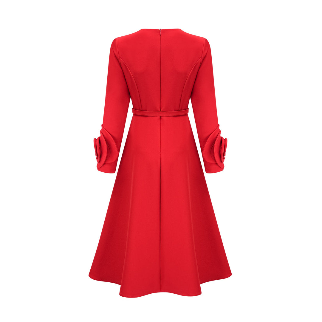 Levoire | Robe Rouge À Manches Longues Avec Décorations Florales