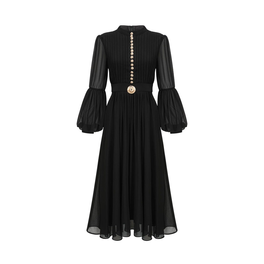 Levoire | Robe Midi Noire Plissée À Boutons Sur Le Devant