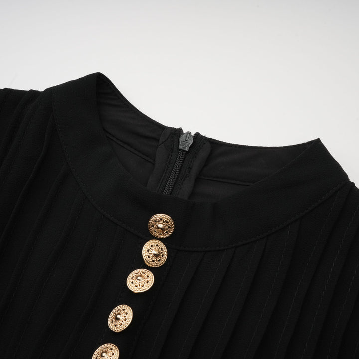 Levoire | Robe Midi Noire Plissée À Boutons Sur Le Devant