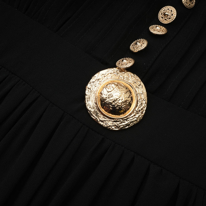 Levoire | Robe Midi Noire Plissée À Boutons Sur Le Devant