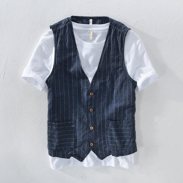 Levoire | Homme Gilet Look Lin Rayé Bleu