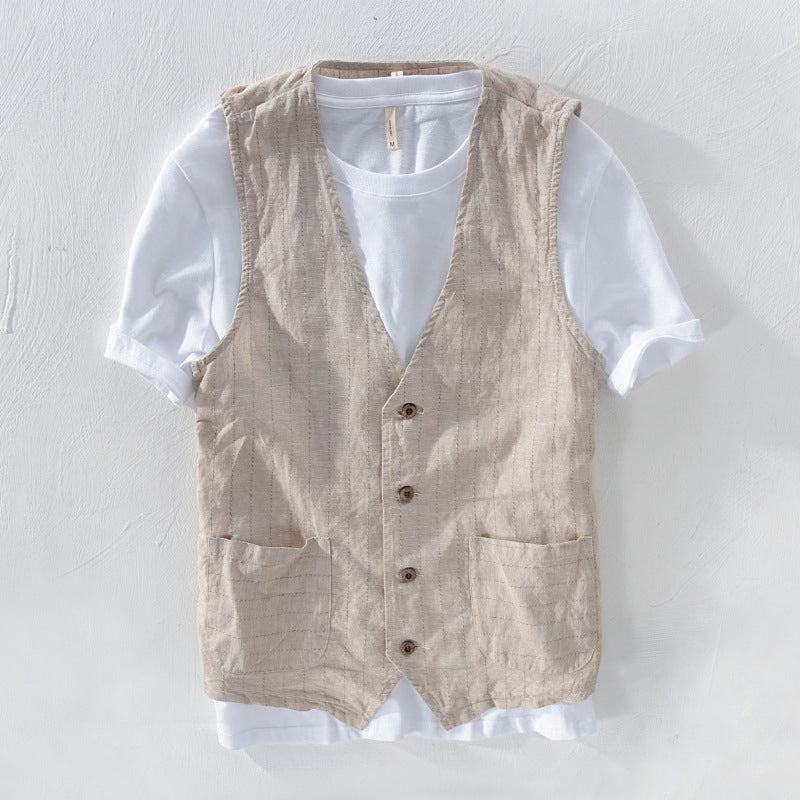 Levoire | Homme Gilet Look Lin Rayé Beige