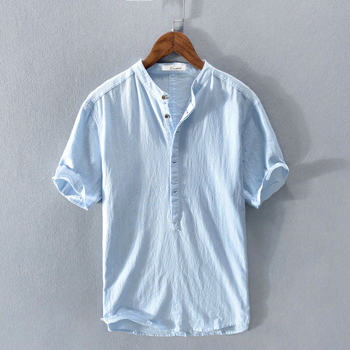 Levoire | Chemise En Lin Pour Hommes Avec Col Montant Bleu ciel