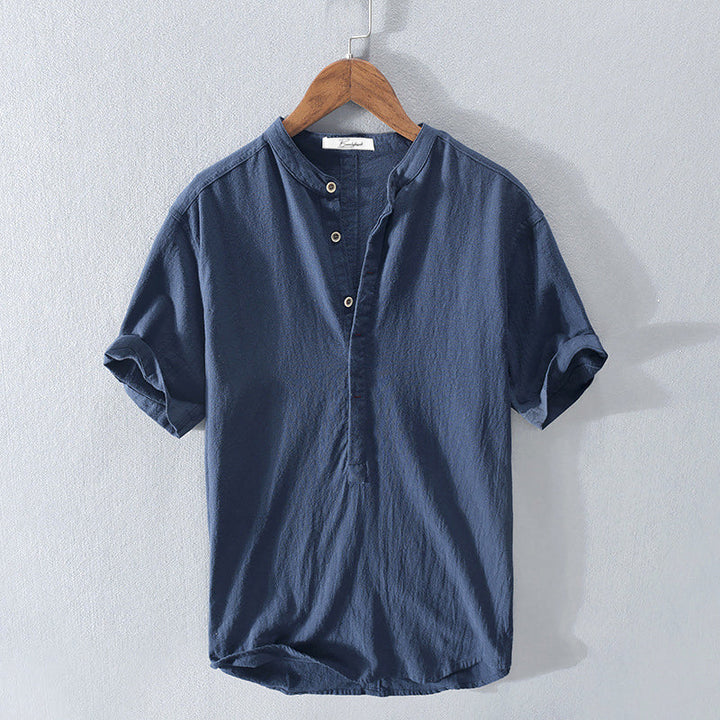 Levoire | Chemise En Lin Pour Hommes Avec Col Montant Bleu foncé