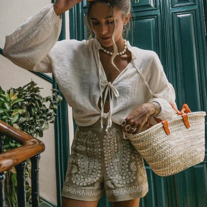 Levoire | Shorts En Lin Avec Broderie De Fleurs